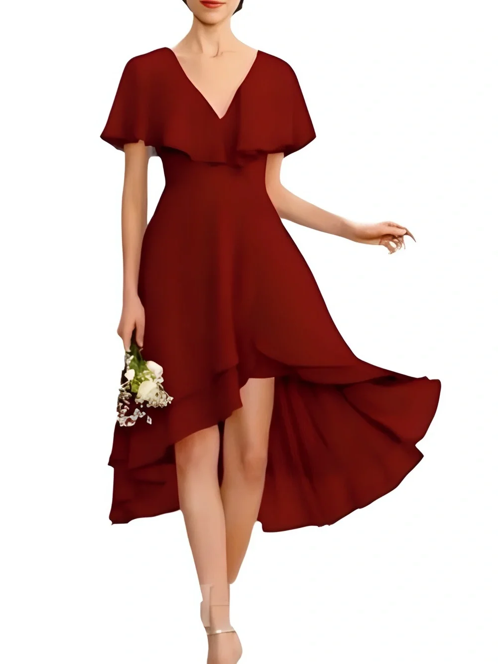 Billowy High-Low layered dress w/flutter sleeves partially lined burgundy color
